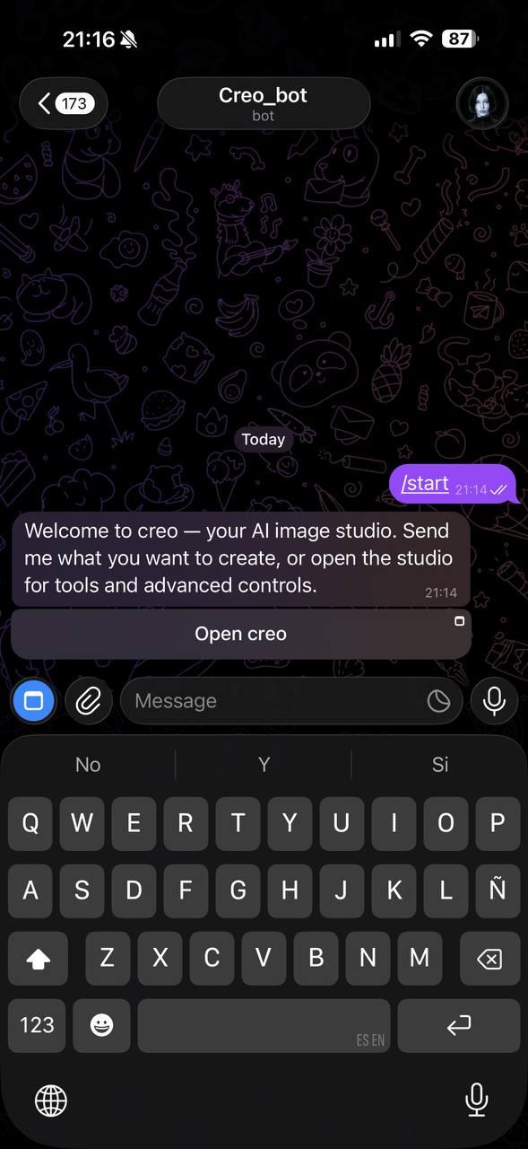 Telegram chat: bot welcome screen